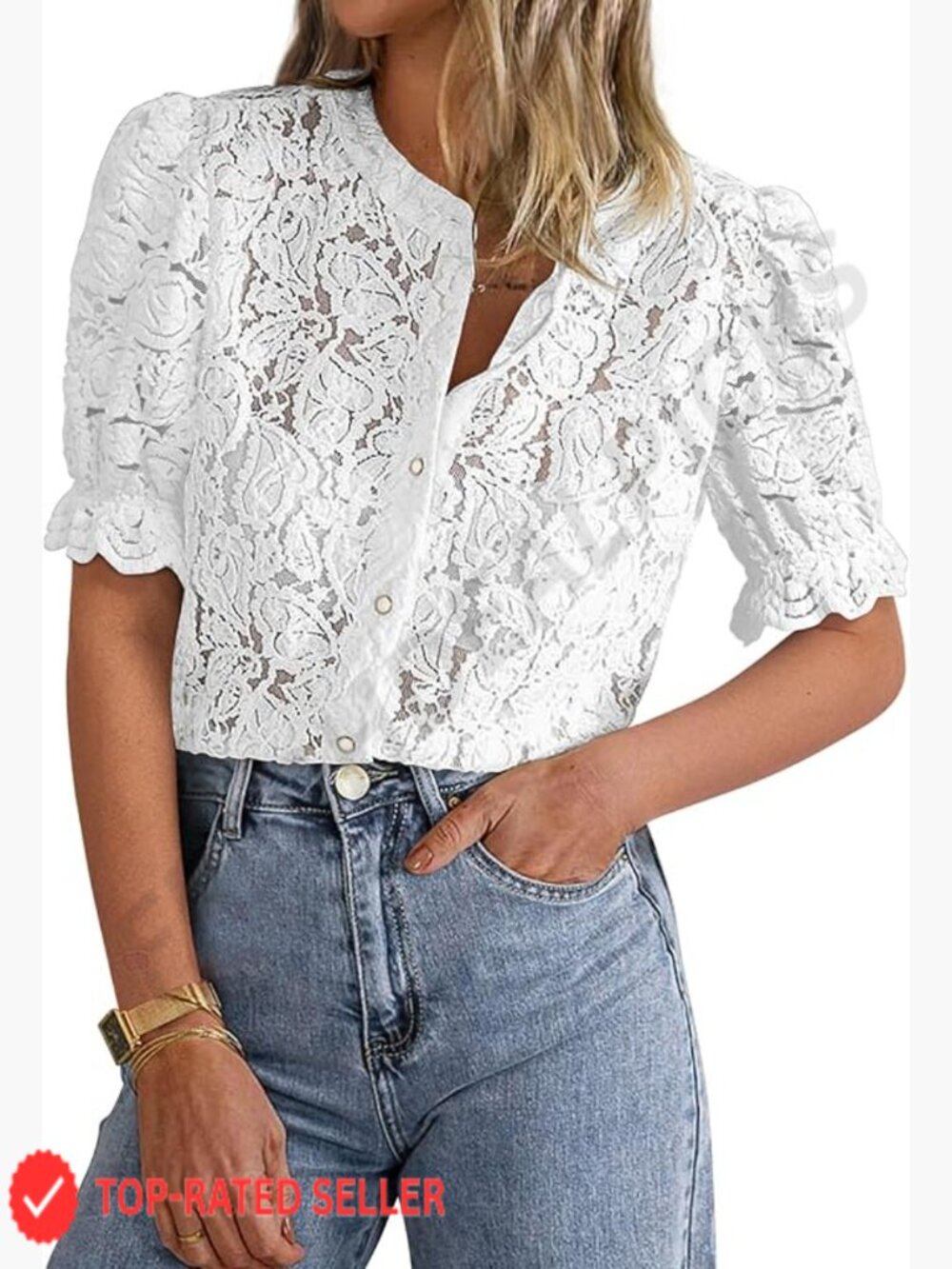 Lace Blouse with Puff Sleeves Crew Neck Button Down Shirt Casual Chic